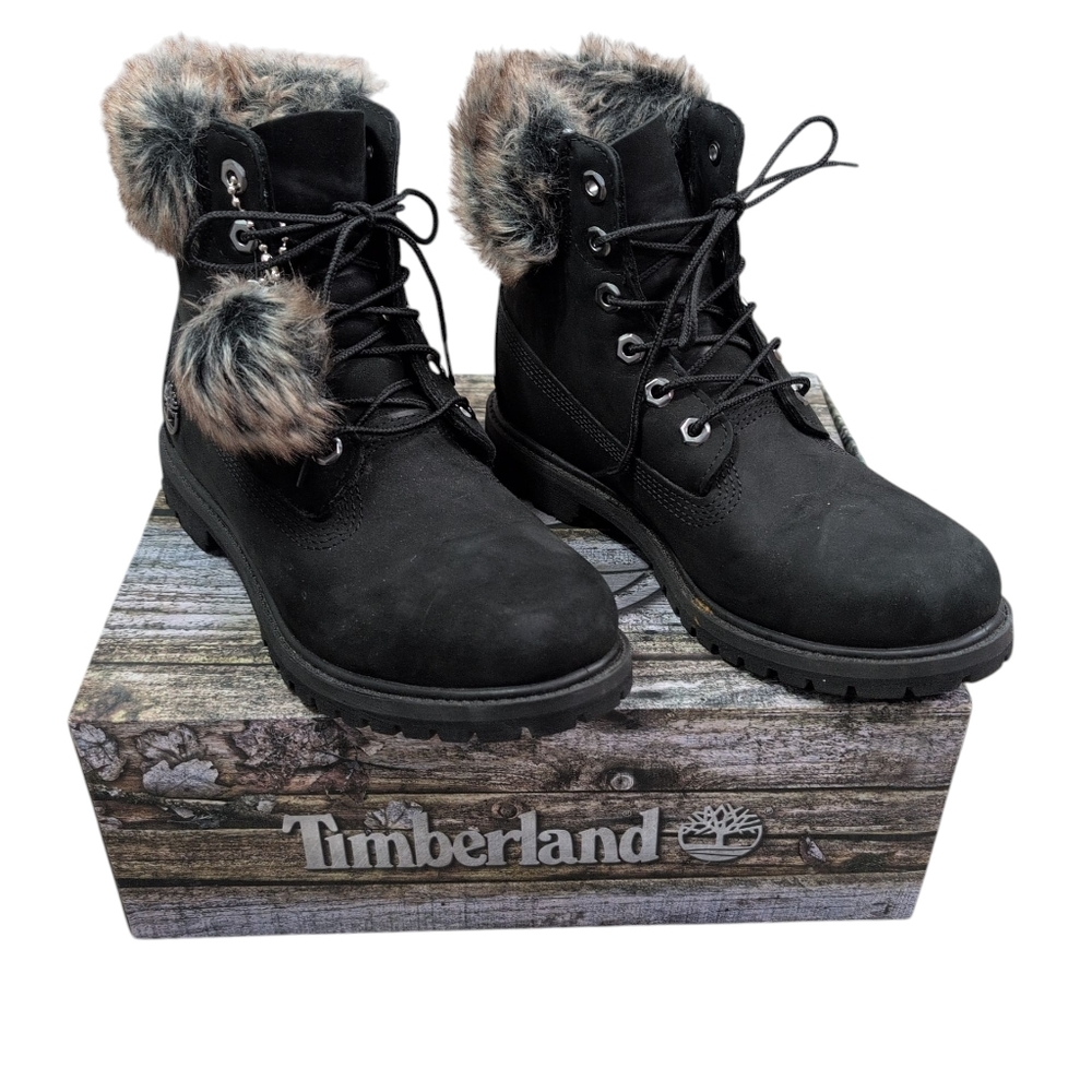 Timberland Premium Waterproof Boots, 6-in Black Nubuck,Faux Fur Women's Sz 9